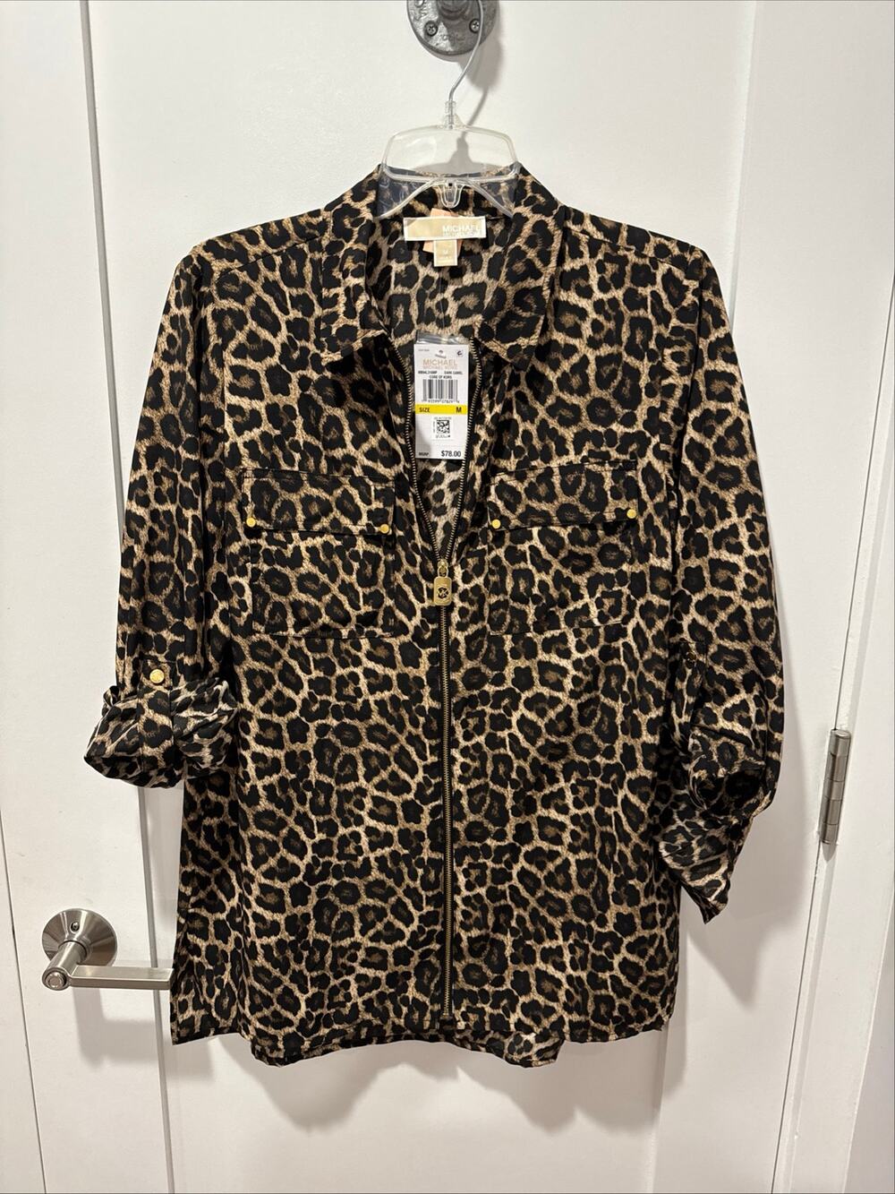 Michael Kors Leopard Zip-Front Blouse M NWT